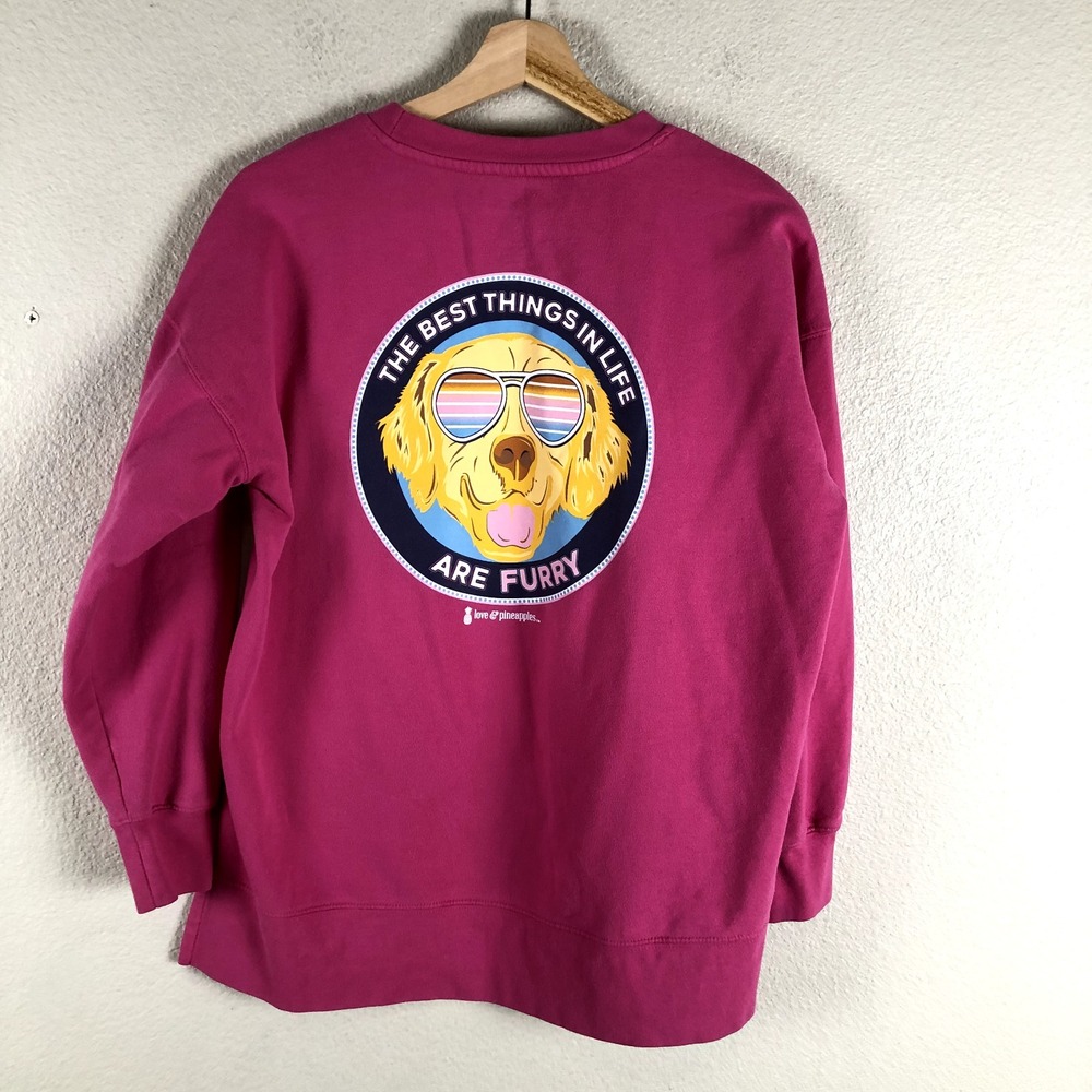 Love & Pineapples Graphic Sweatshirt‎ Sweater Womens Medium Pink Dog Logo Casual